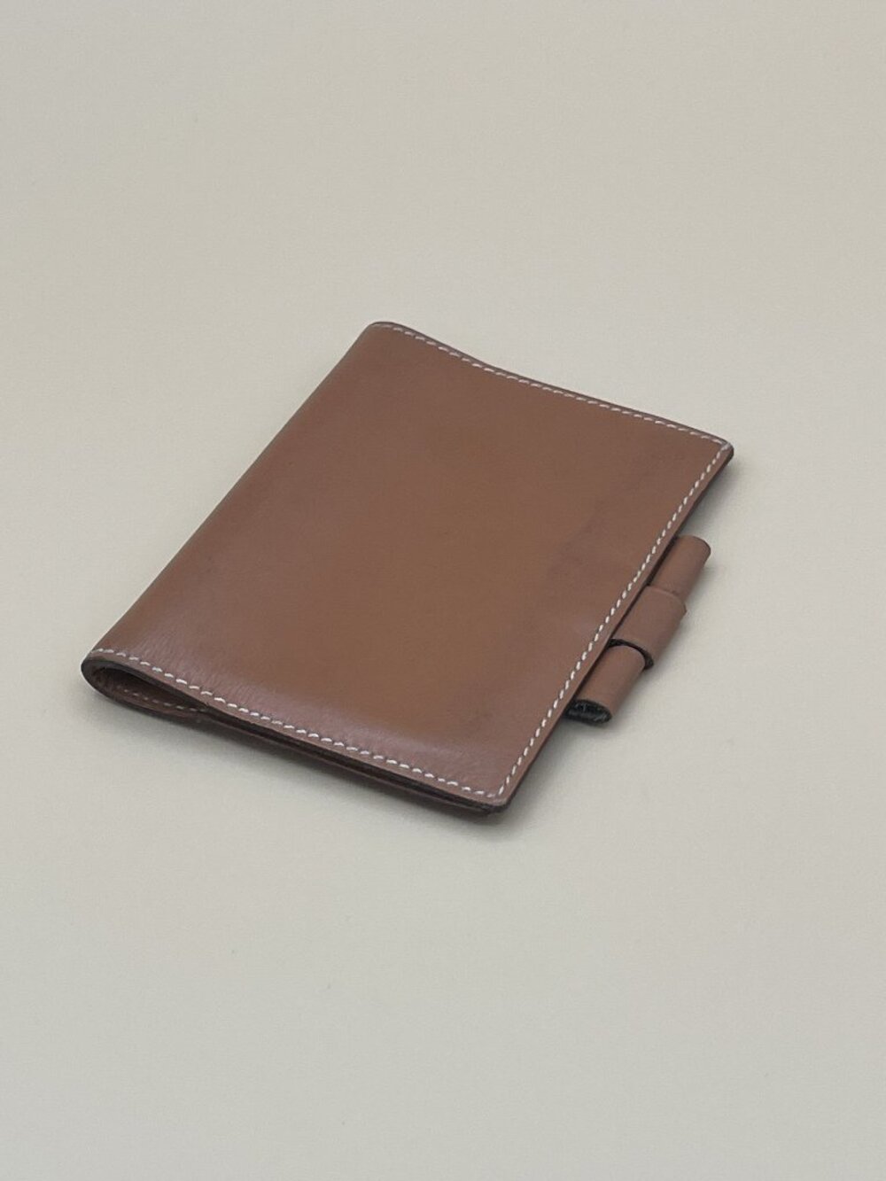 Hermes Agenda PM Cover Tan Gold Leather White Contrast Stitching